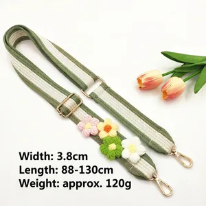 Bohemian green striped bag strap with 3D crochet flowers and gold metal hardware