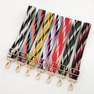 Detailed view of adjustable wide shoulder straps with ethnic patterns and gold hooks