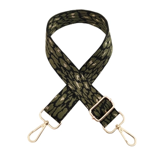 Close-up of leopard print shoulder strap with gold metallic thread and lobster clasps