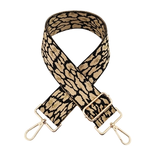 Detail of adjustable 5cm leopard print bag strap with shiny gold thread and metal hardware