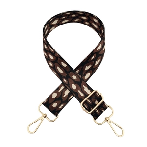 Close-up of leopard print crossbody bag strap with gold metal buckles and adjustable slider