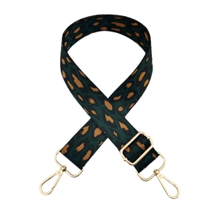 Adjustable leopard print shoulder strap in dark green with gold hardware hooks