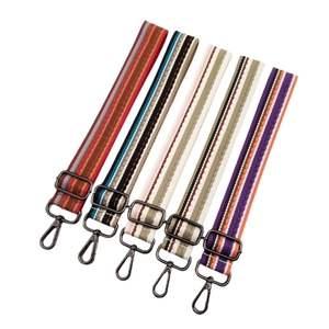Five assorted 3.8cm colorful striped wide shoulder straps with dark grey metal hooks