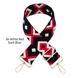 Detail of 5cm wide red and blue geometric embroidery bag strap with gold metal buckle