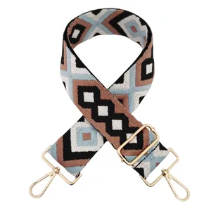 Detail of 5cm wide geometric embroidered bag strap with golden metal swivel hooks