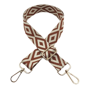 Adjustable wide replacement bag strap with brown and beige diamond embroidery and gold hardware