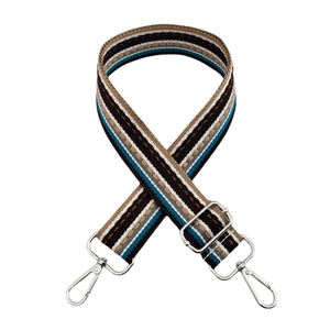Detail of 3.8cm striped thick fabric strap with silver lobster clips and metal slider