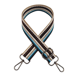 Detail of adjustable woven strap with vintage stripes and dark metal swivel hooks