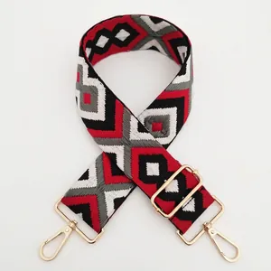 Detail of adjustable 5cm wide woven shoulder strap with red and grey geometric patterns