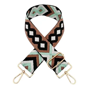 Close-up of geometric diamond embroidery on ethnic woven bag strap with gold hooks