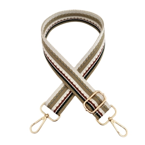 Detail of adjustable 3.8cm colorful striped woven shoulder strap with gold metal hooks