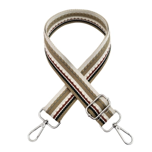 Detail of 3.8cm thick wide colorful striped bag strap with silver metal swivel hooks
