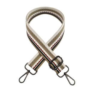 Detail of colorful striped woven shoulder strap with metallic lobster clasps and buckles