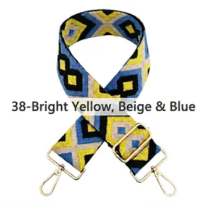Close-up of a 5cm wide adjustable woven bag strap with yellow and blue geometric patterns