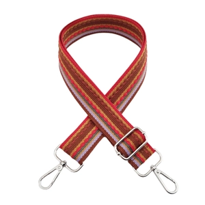 Detail of 3.8cm colorful striped woven strap with silver metal lobster clasps