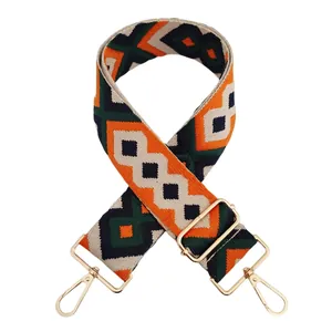 Detail of 5cm ethnic geometric embroidered bag strap with golden metal hooks and buckles