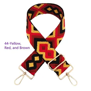 Adjustable 5cm wide embroidered shoulder strap with yellow red brown geometric pattern