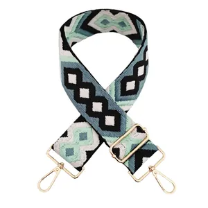 Macro shot of 5cm wide woven bag strap with geometric ethnic pattern and gold buckles