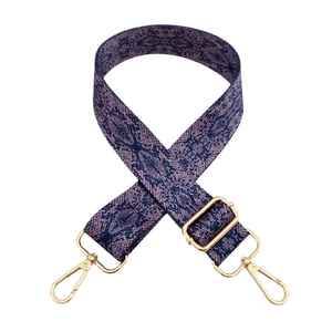 Adjustable wide shoulder strap with purple snake print and gold metal buckles