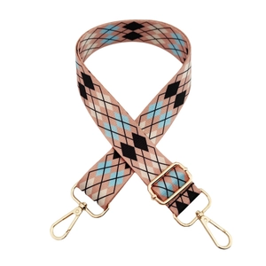 Adjustable wide replacement shoulder strap with pink and blue argyle pattern and gold buckles