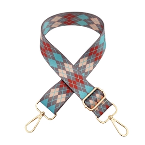 Adjustable colorful argyle pattern woven bag strap with golden alloy swivel hooks