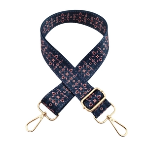 Ethnic wide floral guitar strap for handbags with dark blue base and gold hardware