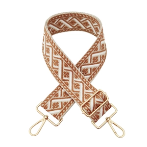 Adjustable geometric jacquard woven shoulder strap with gold metal hooks for handbags