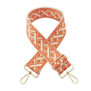 Ethnic style wide orange and beige bohemian woven bag strap with golden metal hooks
