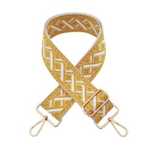 Detail of ethnic geometric pattern woven strap with light gold metal swivel hooks