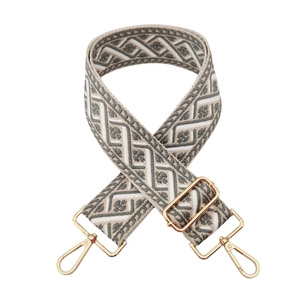 Detail of adjustable geometric jacquard wide bag strap with premium gold metal hardware