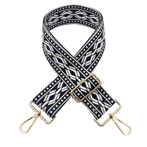 Adjustable ethnic jacquard bag strap with navy geometric pattern and gold hardware