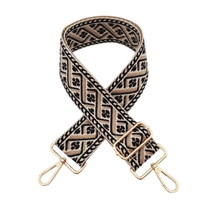 Close-up of geometric ethnic pattern wide bag strap with gold metal lobster clasps