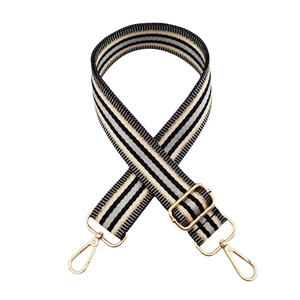 3.8cm wide striped woven bag strap with gold metallic thread and golden swivel hooks