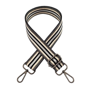 Adjustable striped bag strap with gold thread accents and dark gunmetal hardware