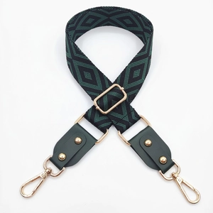 Bandoulière large tissée à motif losange vert et noir avec des boucles en métal doré