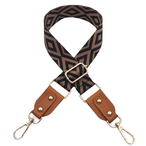 Adjustable wide jacquard bag strap with geometric diamond patterns and gold hooks