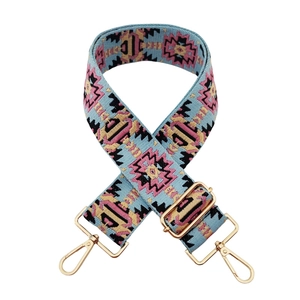 Ethnic wide jacquard bag strap with blue bohemian pattern and gold metal hooks