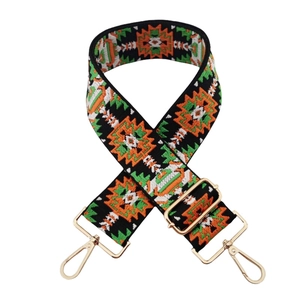 Close-up of ethnic geometric jacquard guitar strap with gold metal swivel hooks