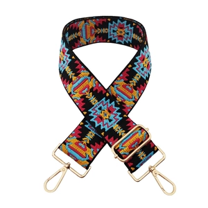Detail of ethnic jacquard wide strap featuring bohemian embroidery and gold clasps
