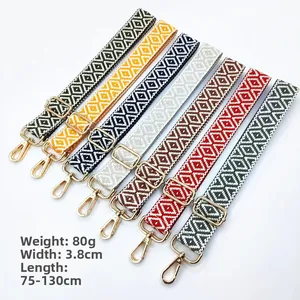Detail of adjustable 3.8cm jacquard bag straps with golden hooks and retro patterns