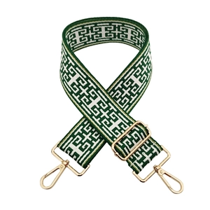 Ethnic style woven shoulder strap with green geometric jacquard and gold metal hooks
