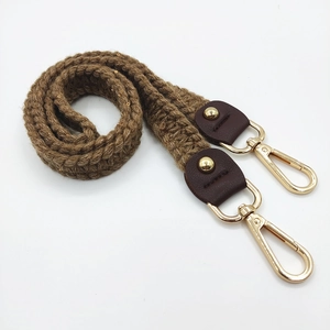 Handcrafted brown knitted bag strap with sequins and golden metal swivel lobster clasps