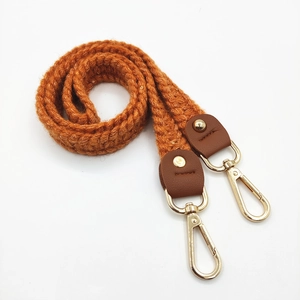 Ginger yellow knitted shoulder strap with brown leather and gold metal hooks for bags