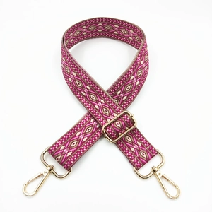 Ethnic rose red jacquard embroidered adjustable wide shoulder strap with gold clips