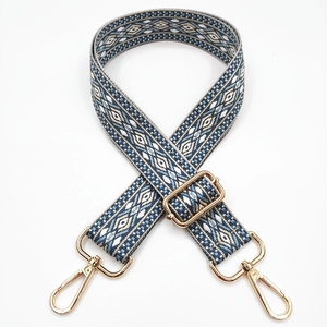 Adjustable bohemian style woven strap with blue and beige geometric diamond pattern