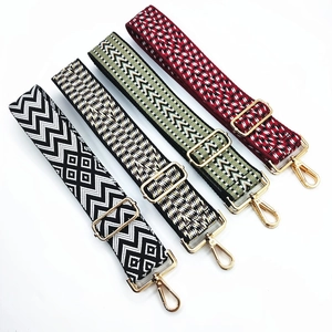 Adjustable 5cm wide jacquard ethnic style shoulder strap with gold metal buckles