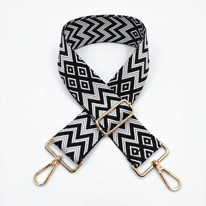 5cm ethnic jacquard wide shoulder strap with black and white geometric pattern and gold hardware