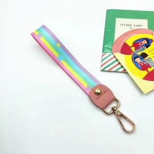 Macro detail of rainbow striped wrist strap with pink faux leather and gold metal clip