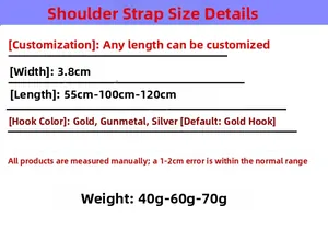 Size chart for 3.8cm ethnic style shoulder strap with various lengths and hardware options