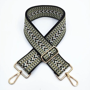 Detail of herringbone weave fabric shoulder strap with gold metal lobster clasps